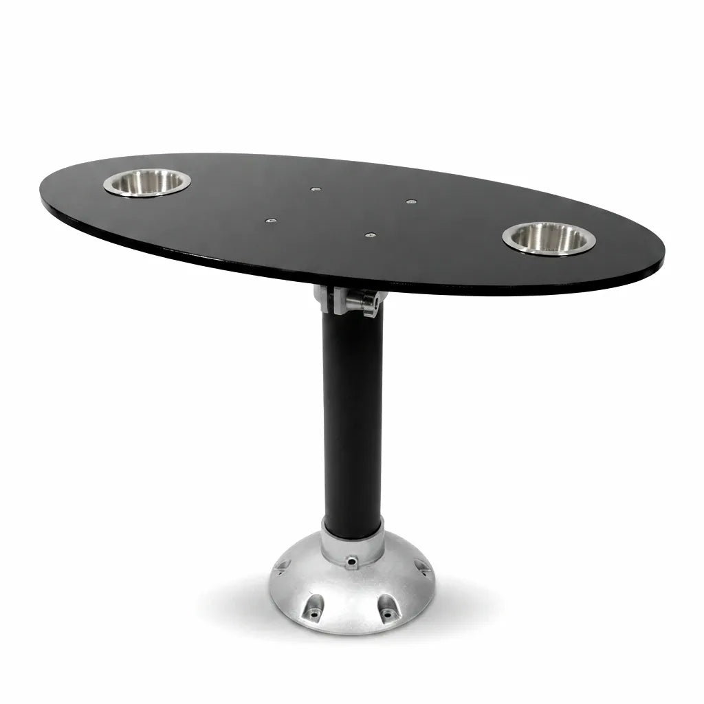 AirowMarine Marine Pedestal Table with Black Oval ABS Top and Two Stainless Steel Cup Holders on a Quick-Release Base