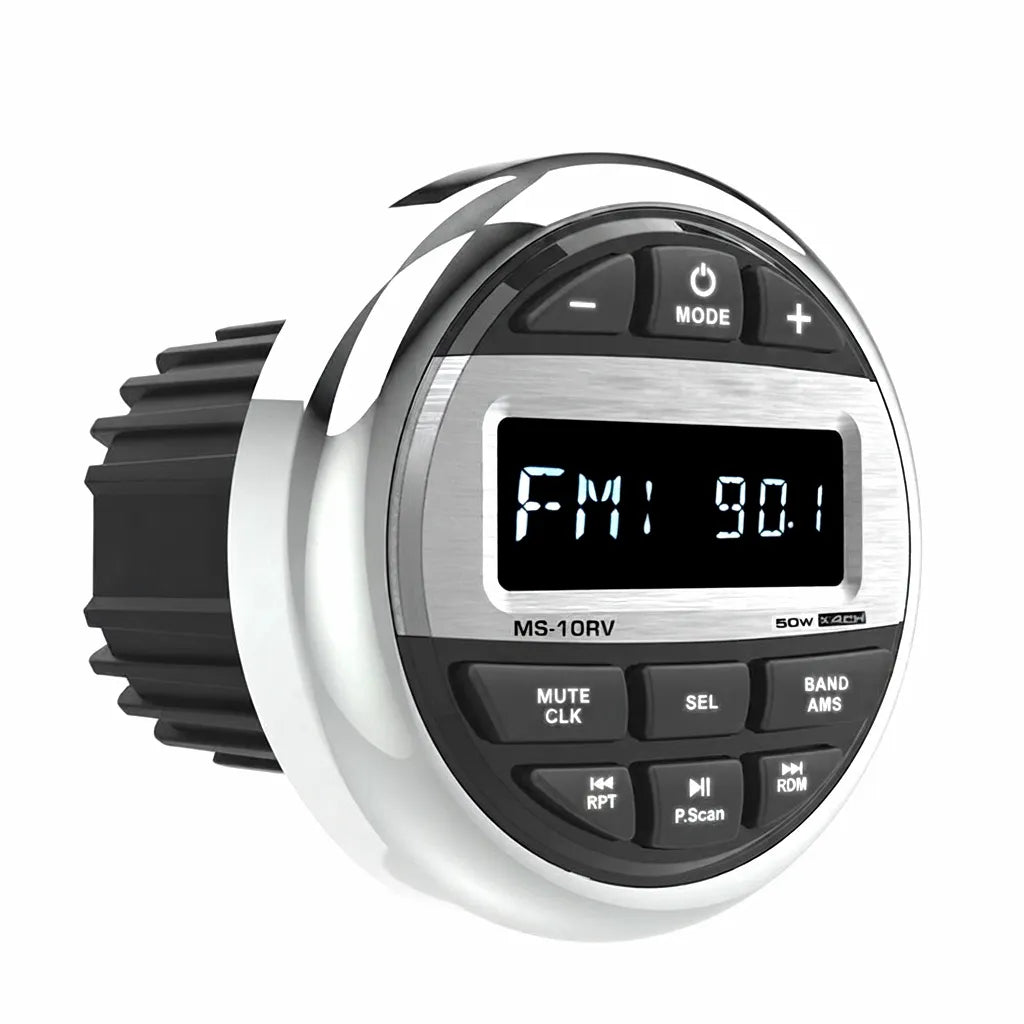 AirowMarine MS-10RV round gauge-style marine audio receiver featuring a mirror-polished chrome trim bezel, high-contrast backlit LCD screen displaying FM 90.1, and tactile rubberized control buttons on a pure white background.