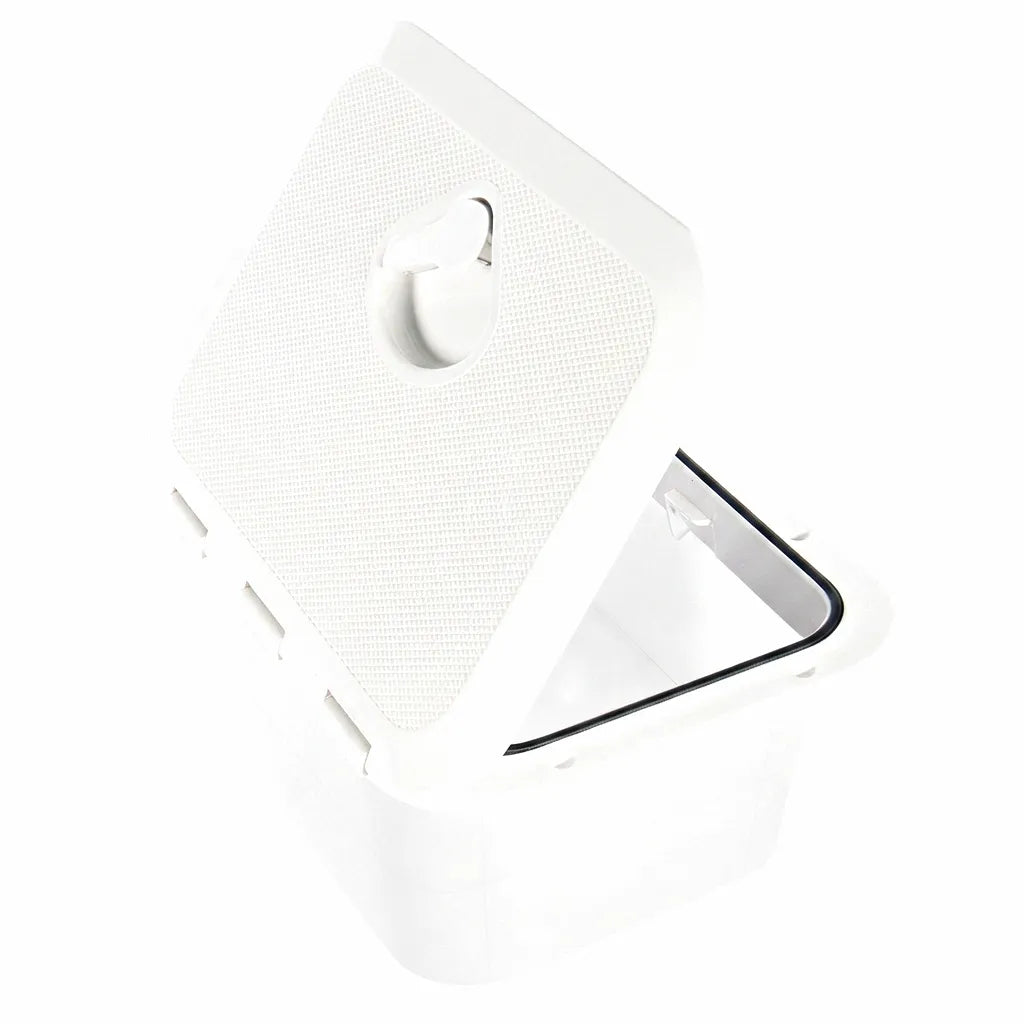 White marine recessed storage box with textured anti-slip lid, open to show interior compartment and waterproof gasket.