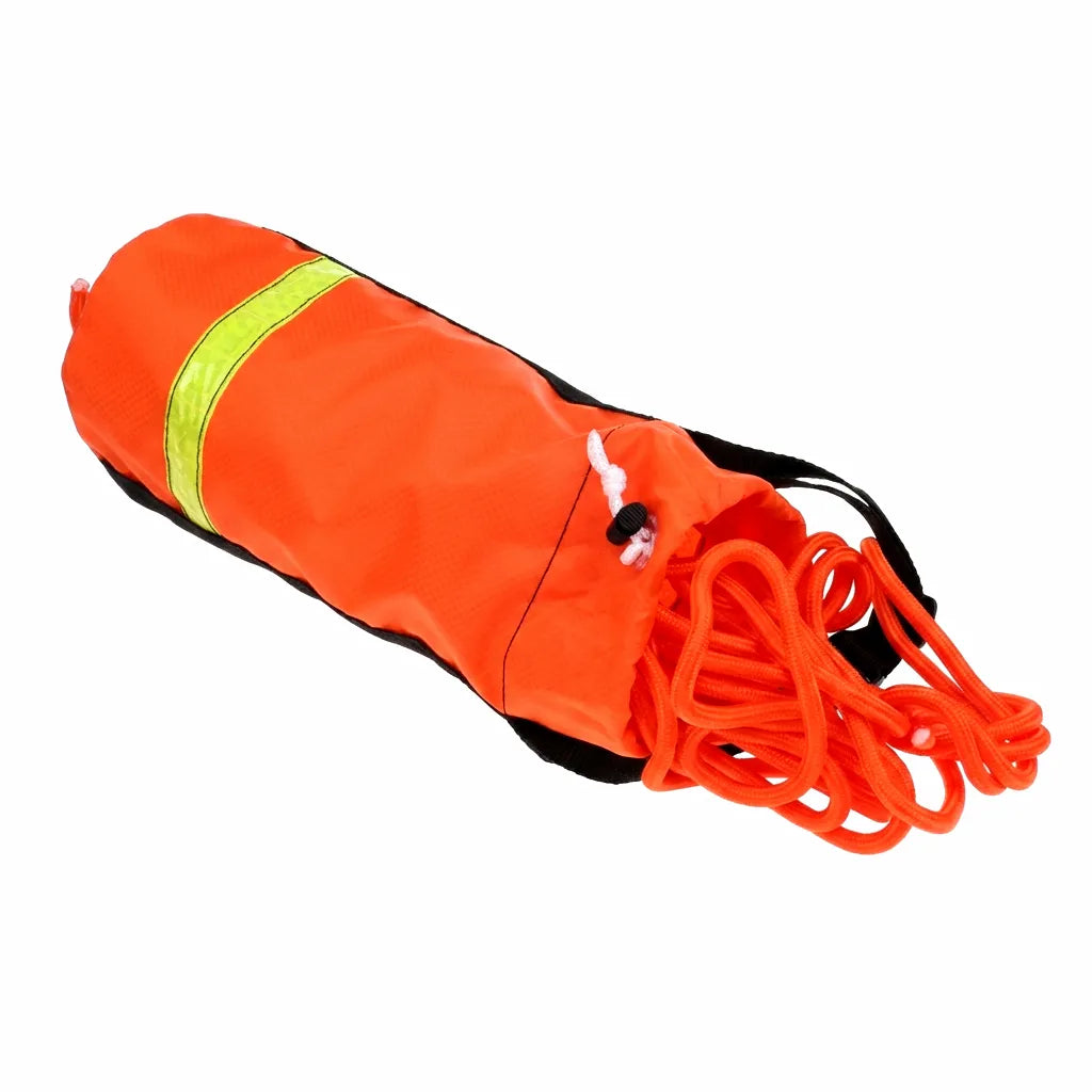 Hero shot of the AirowMarine water rescue throw bag in bright neon orange with reflective safety strip and high-visibility braided polypropylene floating rope.
