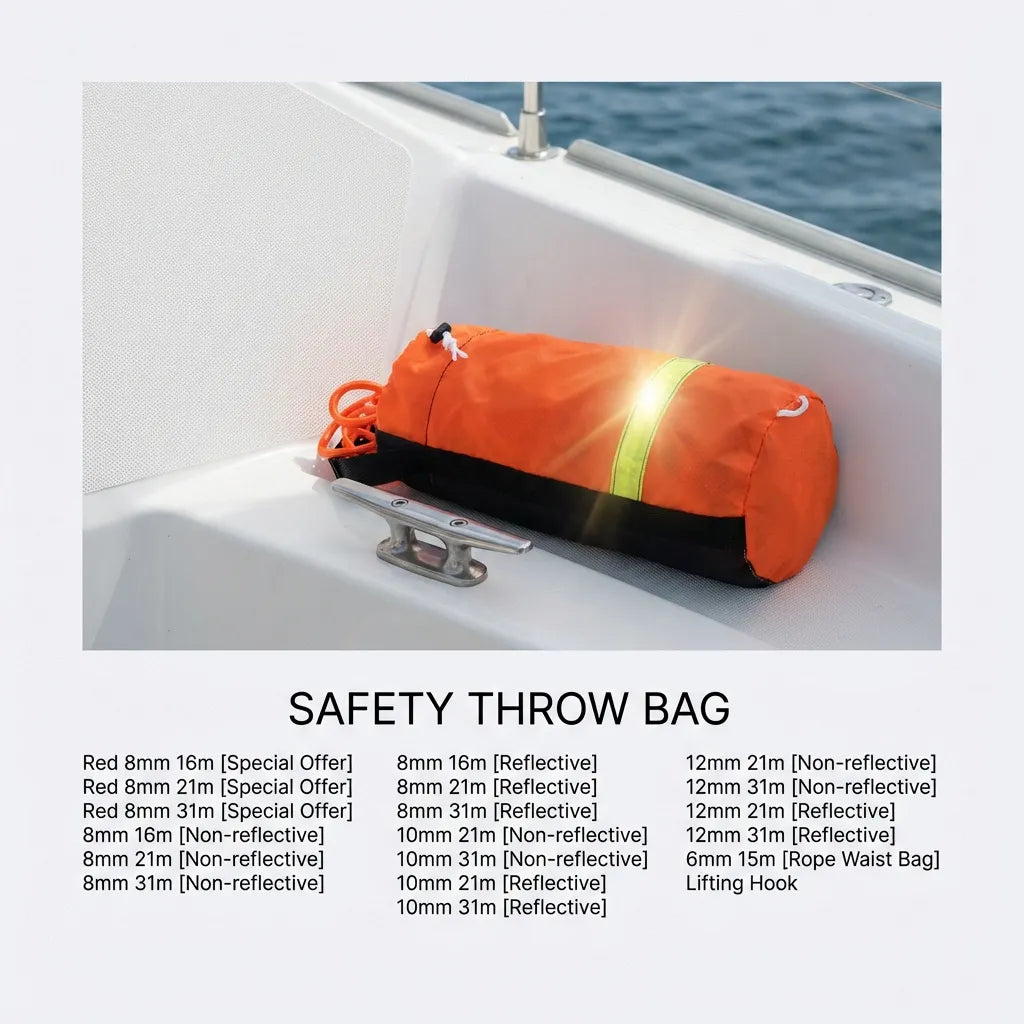 AirowMarine rescue throw bag positioned on a boat deck next to a stainless steel cleat, highlighting its readiness for maritime emergencies.