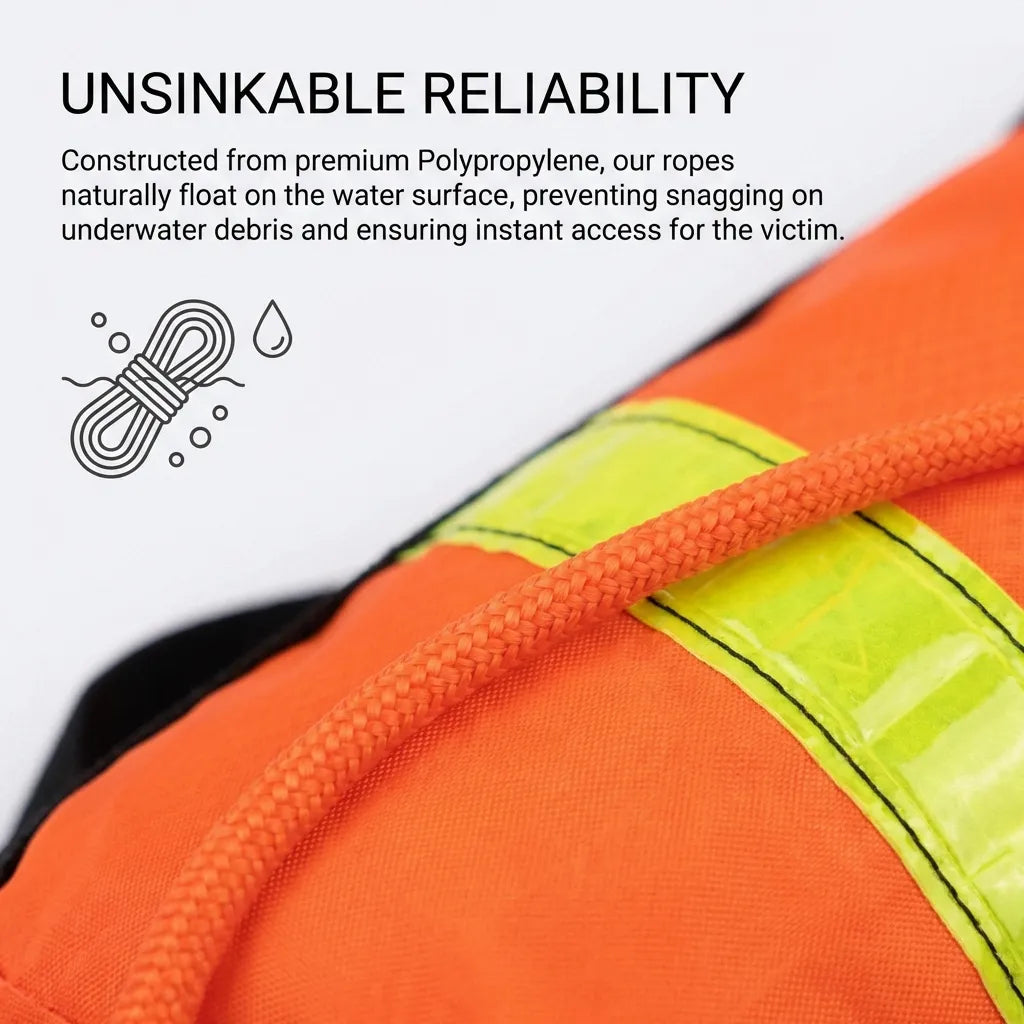 Extreme close-up showing the high-density 12-strand braided polypropylene core and the heavy-duty weave of the UV-stabilized rescue bag fabric.