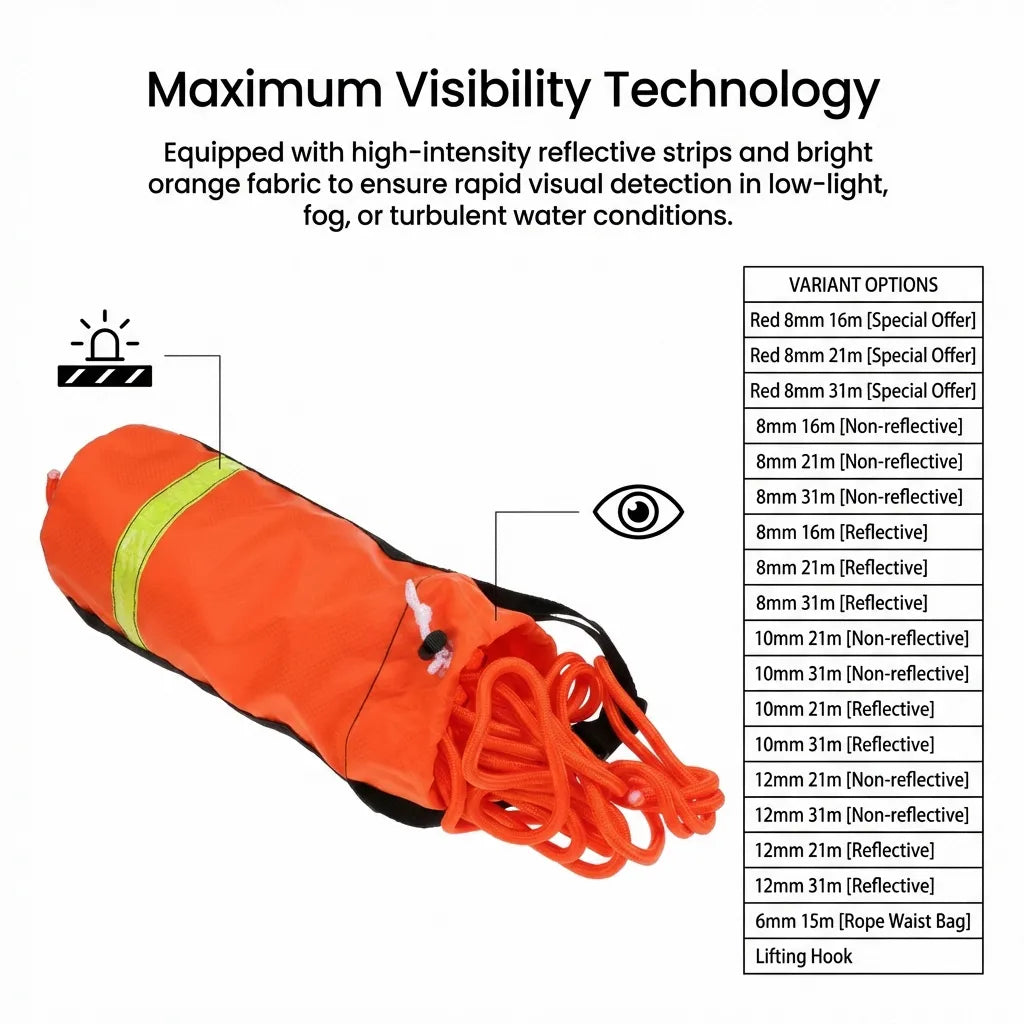 Diagram explaining the Maximum Visibility Technology including high-intensity reflective strips and a list of variant options from 8mm to 12mm diameters.