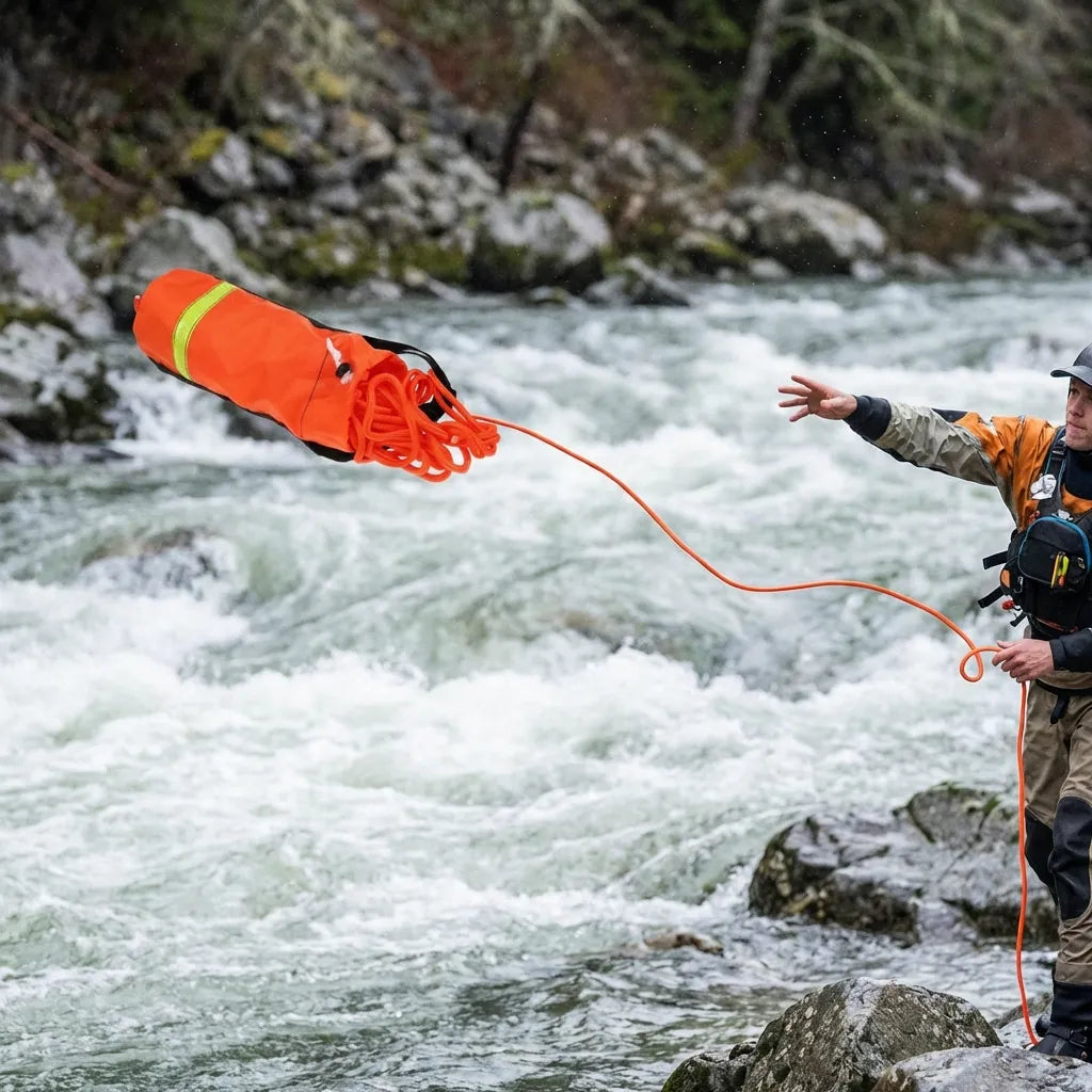 Rescuer in high-performance drysuit throwing the weighted orange rescue bag across a fast-moving whitewater river for emergency retrieval.