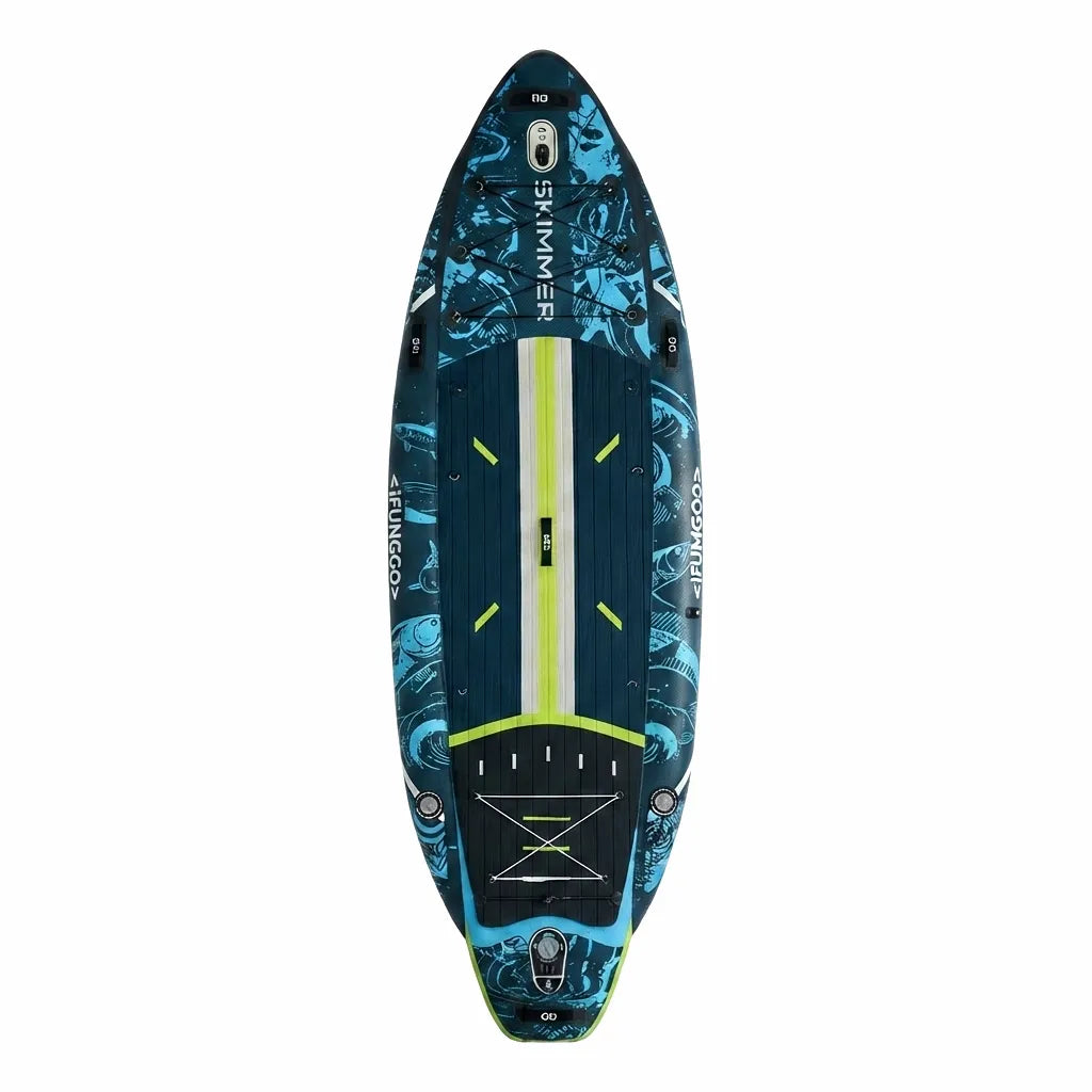 Top-down view of the AirowMarine SKIMMER 350cm inflatable multi-sport paddle board, featuring a striking blue and green marine graphic pattern, non-slip EVA deck pad, bungee storage at bow and stern, multiple D-rings, and a central inflation valve on a white background.