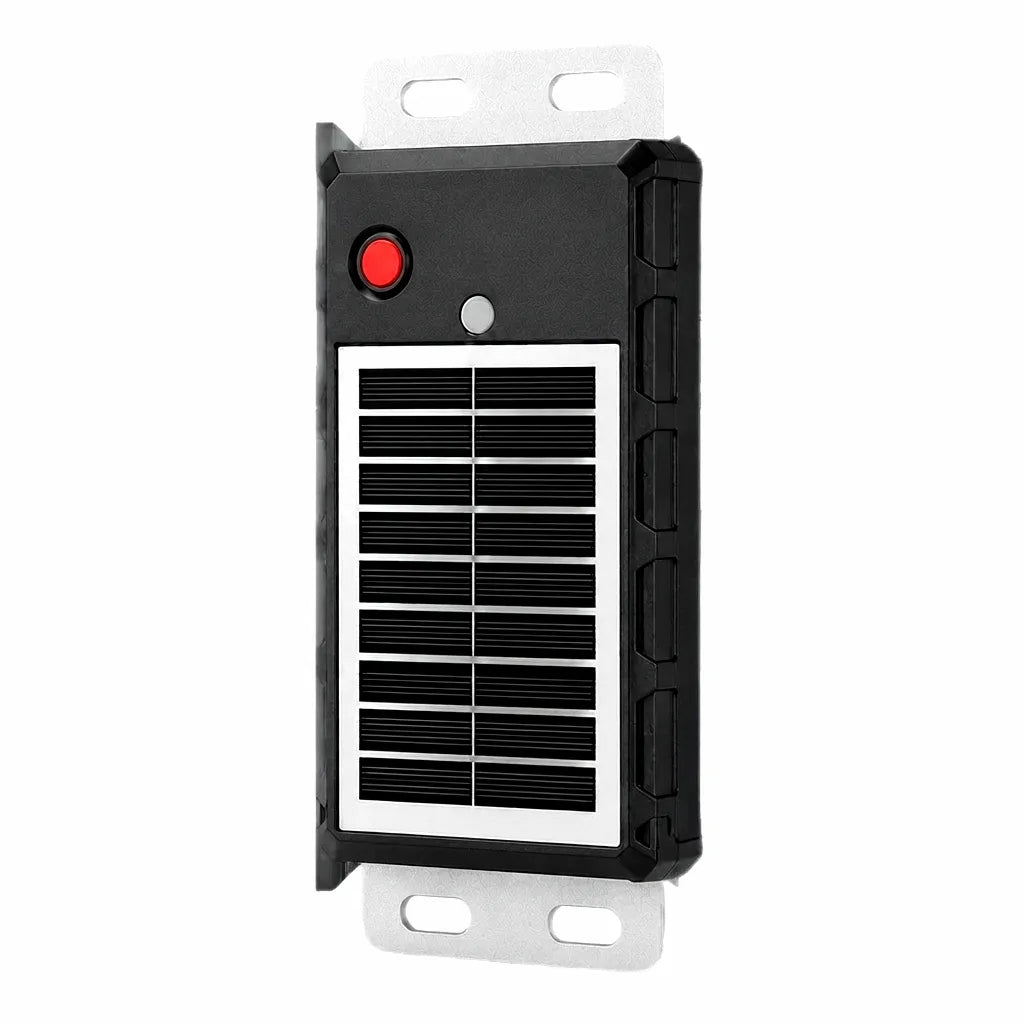 AirowMarine Solar-Powered GPS Tracker with rugged black casing, integrated solar panel, red SOS button, and silver marine-grade mounting brackets