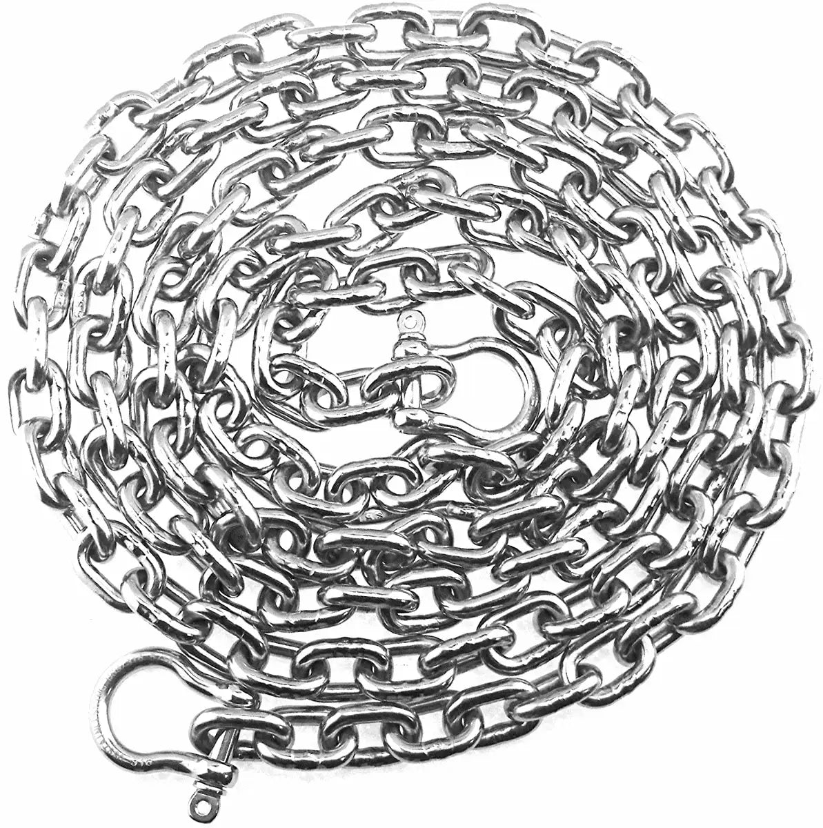 Coiled 316 marine-grade stainless steel calibrated short-link anchor chain with high-polish finish and integrated bow shackle on a solid white background.