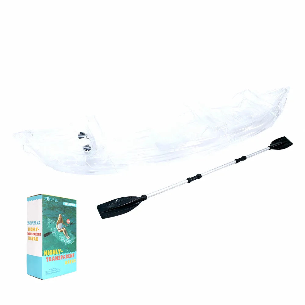 AirowMarine transparent inflatable kayak with paddle and retail packaging, showcasing clear PVC construction and included accessories