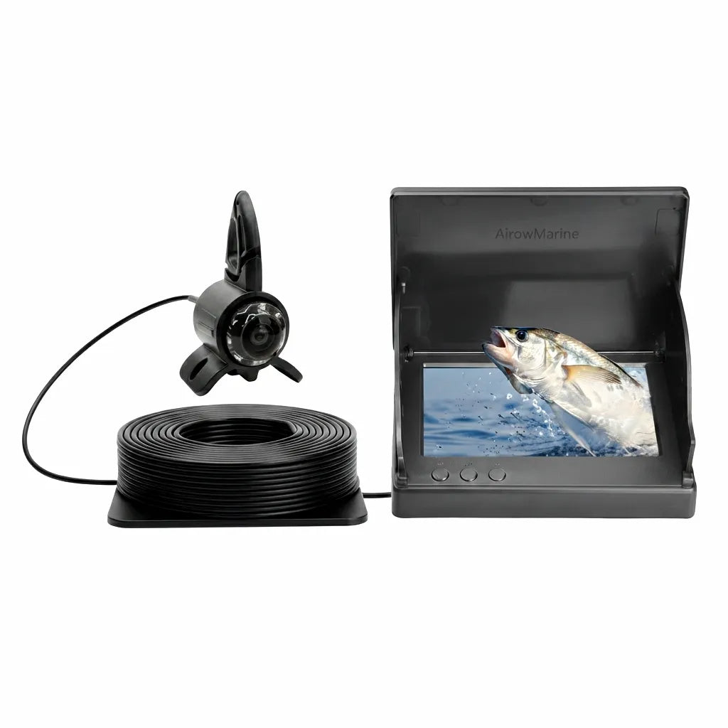 AirowMarine high-definition underwater fishing camera with spool of heavy-duty cable and a marine-grade monitor displaying a fish jumping.