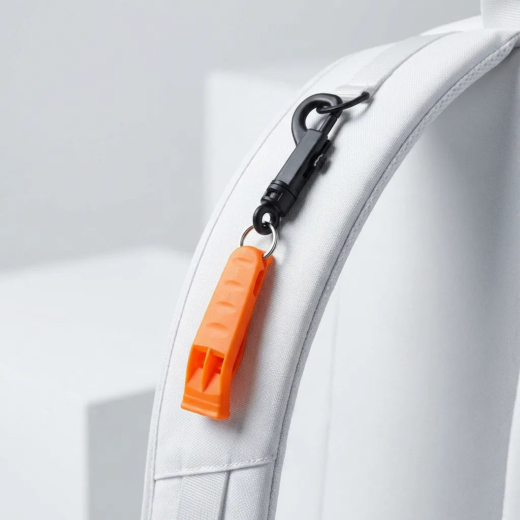 The orange safety whistle clipped securely to the shoulder strap of a white outdoor backpack.