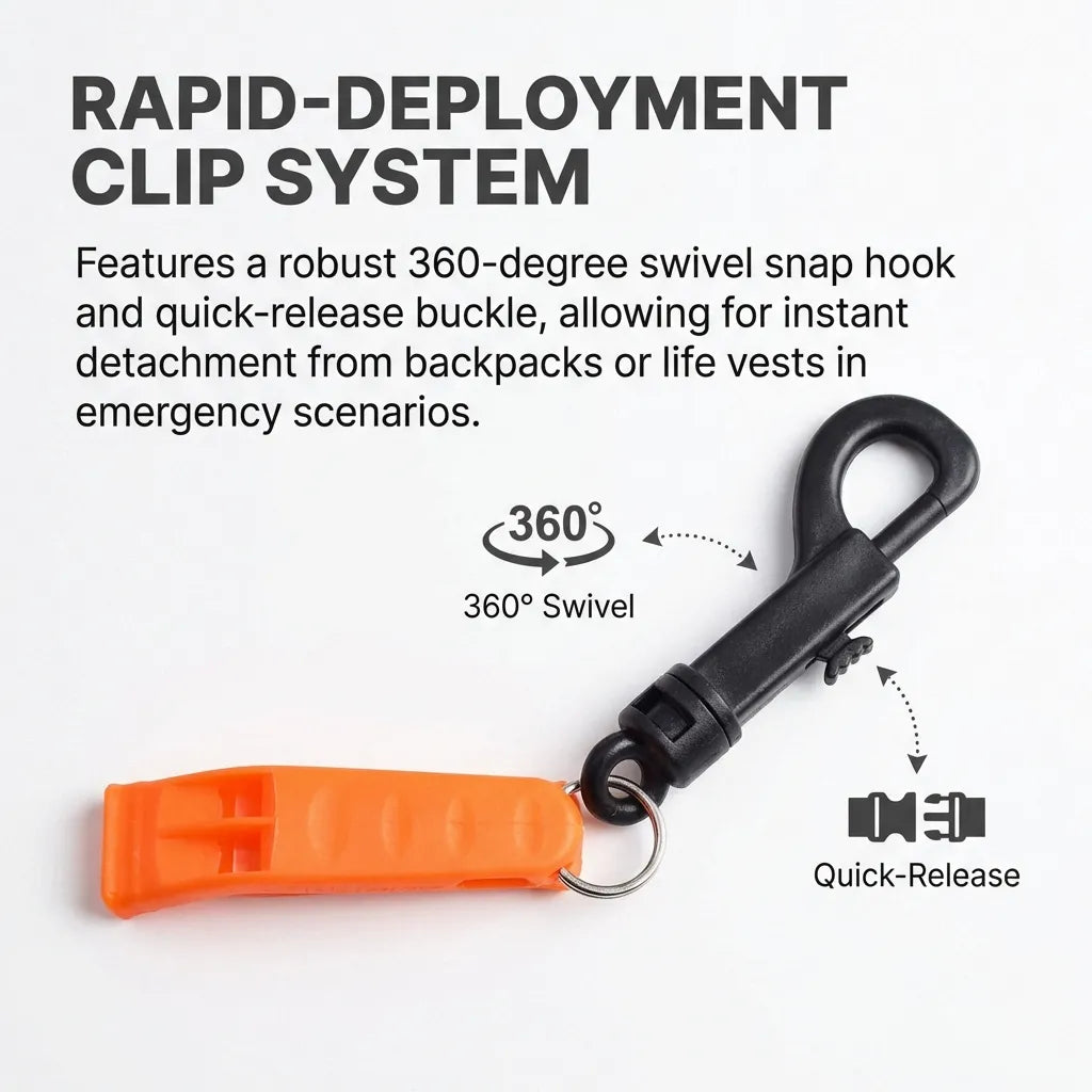 Infographic showing the 360-degree swivel snap hook and quick-release buckle for instant detachment from gear.
