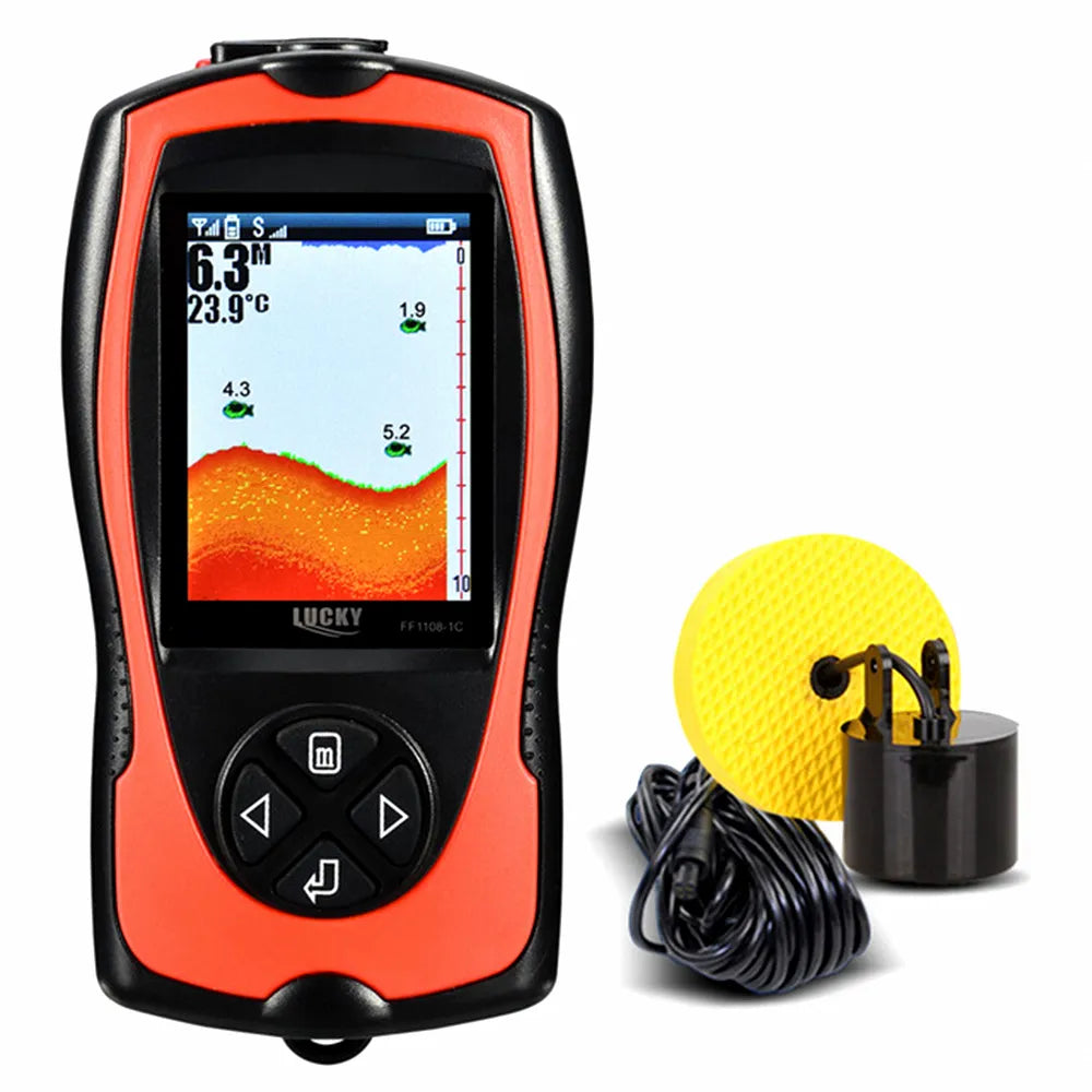 AirowMarine portable wired fish finder with HD color screen, tactile buttons, and a robust yellow float transducer.