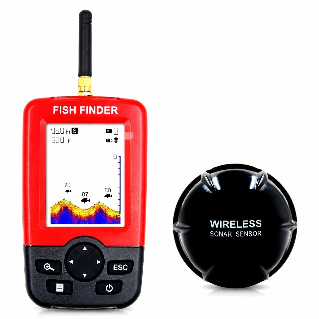 AirowMarine Wireless Sonar Fish Finder handheld unit and separate black floating sensor on a clean white background.