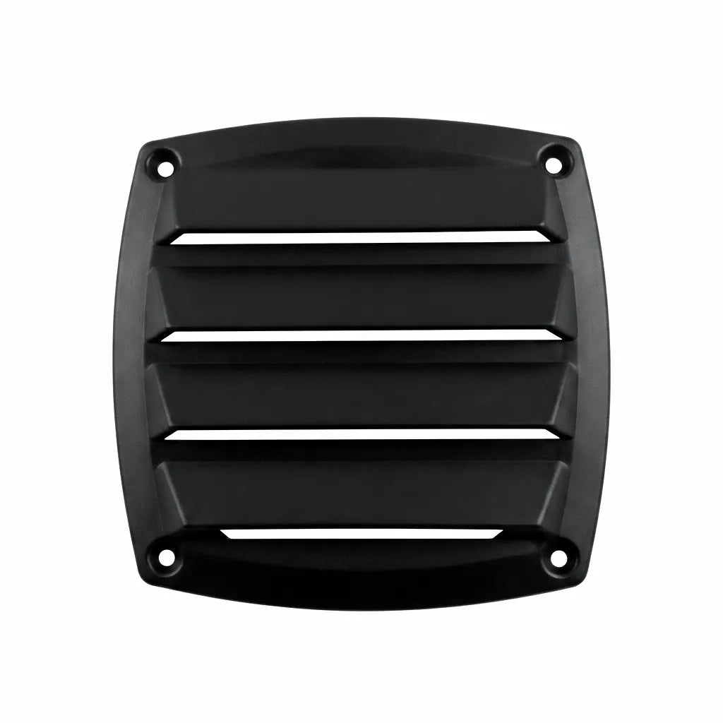 Black marine louvered vent cover made from durable Nylon and ABS plastic for yacht and boat ventilation
