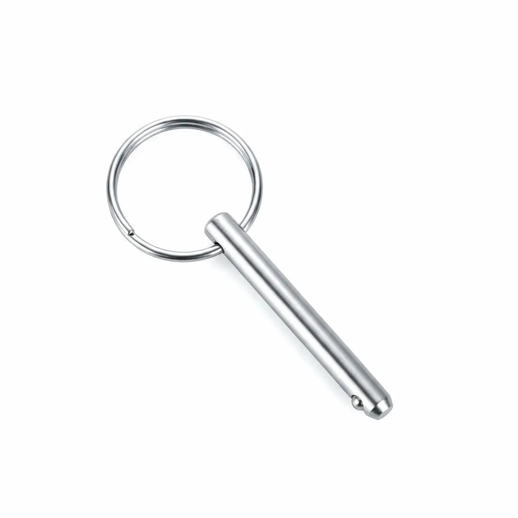 Highly polished 316 stainless steel quick-release ball pin with a circular pull ring on a pristine white background, showcasing its sleek design and robust construction.