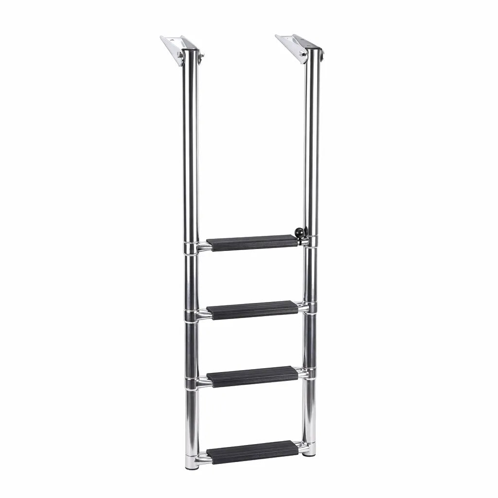 AirRow Marine 304 Stainless Steel 4-step retractable boat boarding ladder with anti-slip black steps on white background.