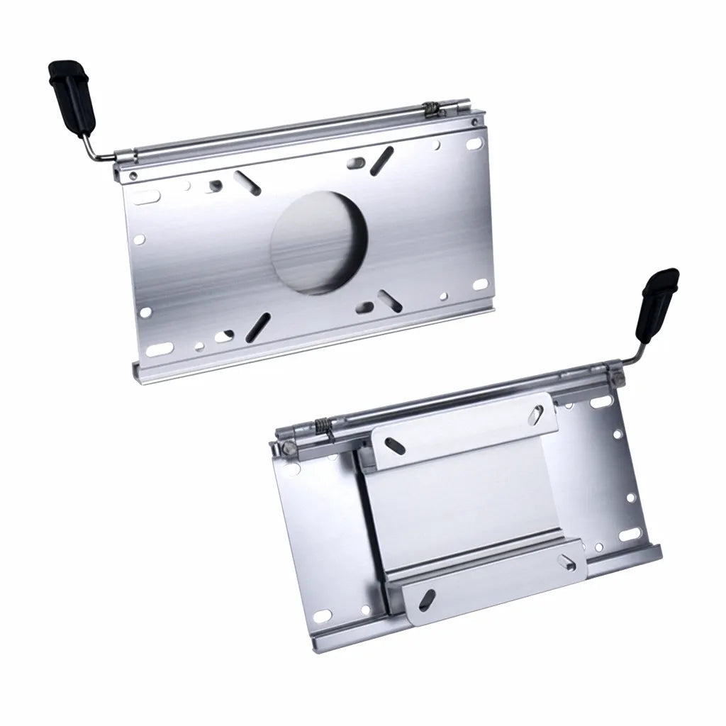 Pair of Airrow Marine aluminum alloy boat seat base slides with black plastic adjustment handles, brushed metal finish, showing top and bottom views for forward-backward seat adjustment.