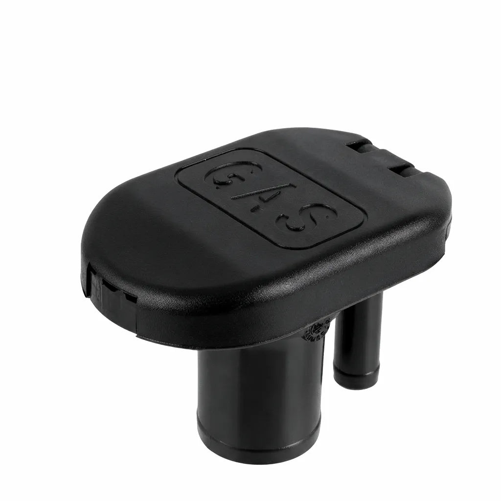 Black UV-stabilized nylon marine flip-top fuel filler cap with integrated gas vent for 1-1/2 inch fuel ports.
