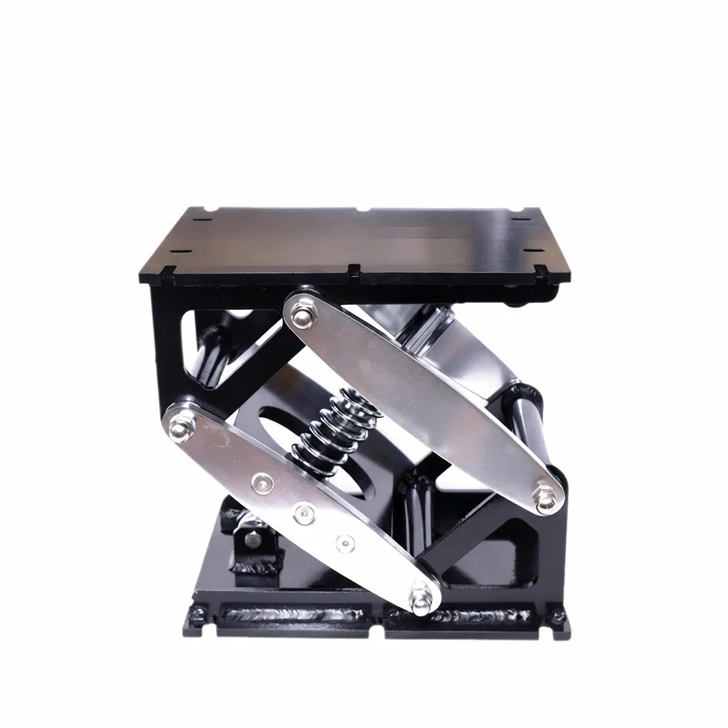 AirOW Marine height-adjustable shock-absorbing seat mount with stainless steel scissor mechanism and black powder-coated base, displayed on a pure white background.