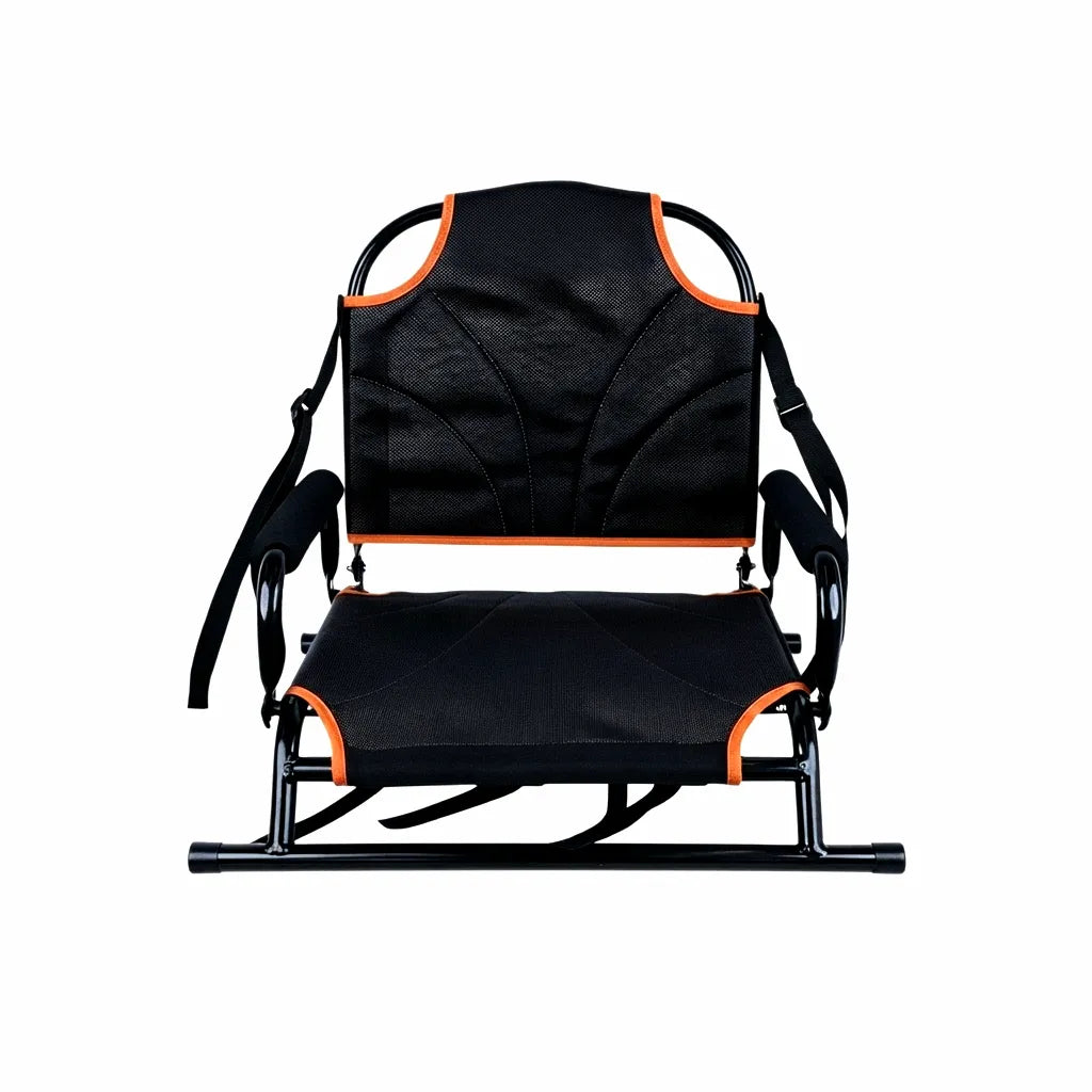 Black and orange portable kayak and canoe seat with adjustable aluminum frame and breathable mesh fabric for ultimate comfort
