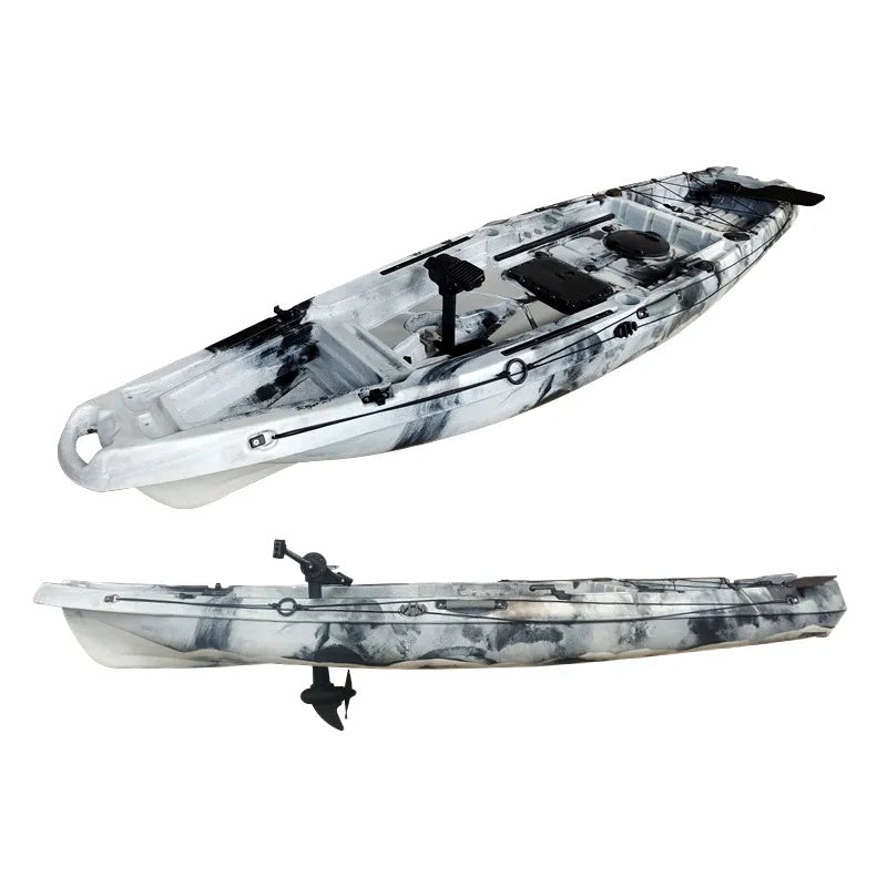 AirrowMarine 320cm rotomolded propeller pedal fishing kayak in white and black camo pattern, showcasing the hull and pedal drive system on a pure white background.