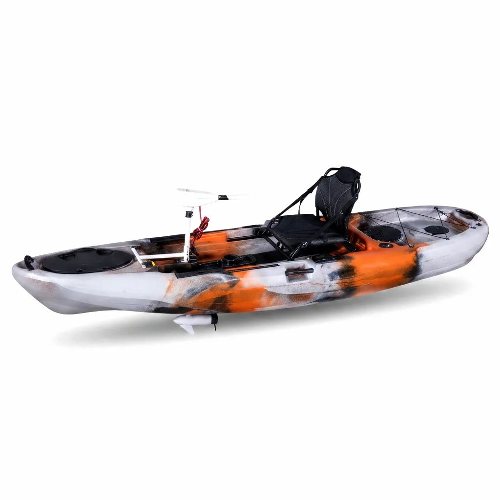 Top-down angled view of an AirrowMarine motorized fishing kayak in a white, orange, and black camouflage pattern, featuring a transom-mounted electric motor, modular elevated seating, and integrated deck storage on a pure white background.