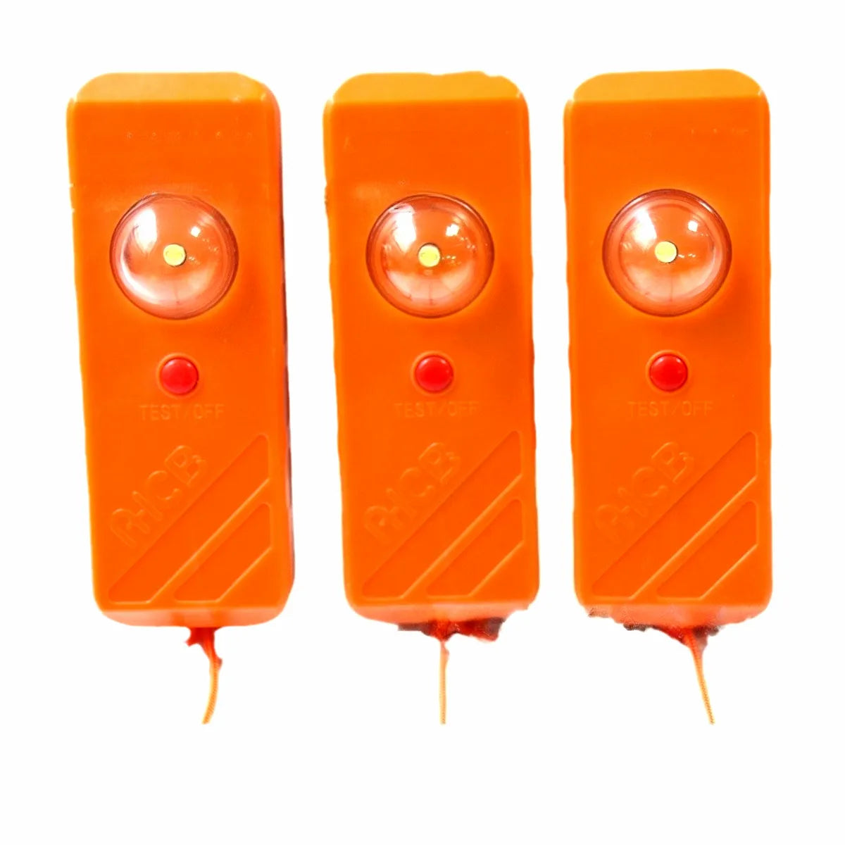 Three compact orange marine AIS-MOB emergency beacons with high-intensity LED light and red test button, designed for life vest attachment.