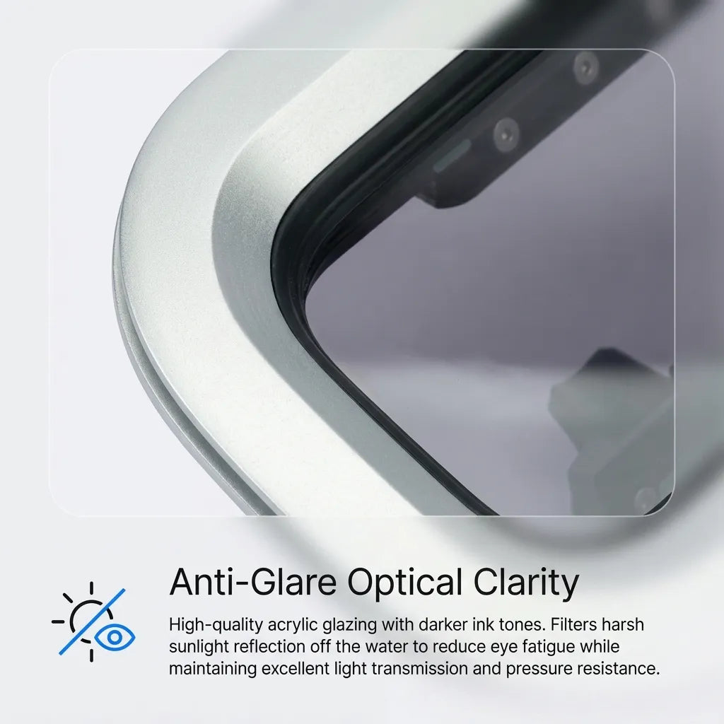 Close-up of the dark-tinted acrylic glazing showing high light transmission and glare reduction properties for enhanced maritime safety.