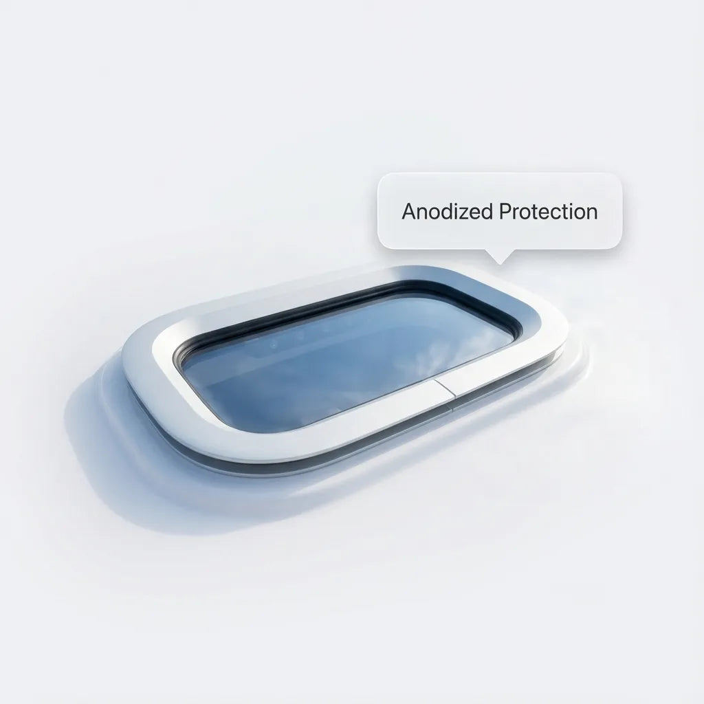 Top-down view of the portlight installed on a deck surface emphasizing the sleek anodized finish and low-profile design.