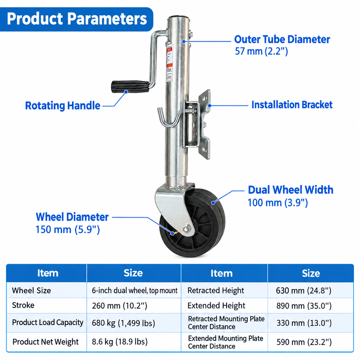 Airow Marine Heavy-Duty Dual-Wheel Yacht Trailer Jack - Galvanized Steel & Universal Fit