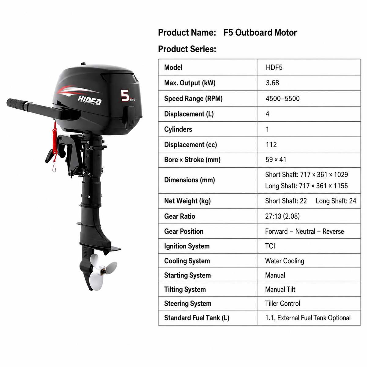 Hideo 5HP Four-Stroke Outboard Motor - Water Cooled, Tiller Control for Inflatable Boats