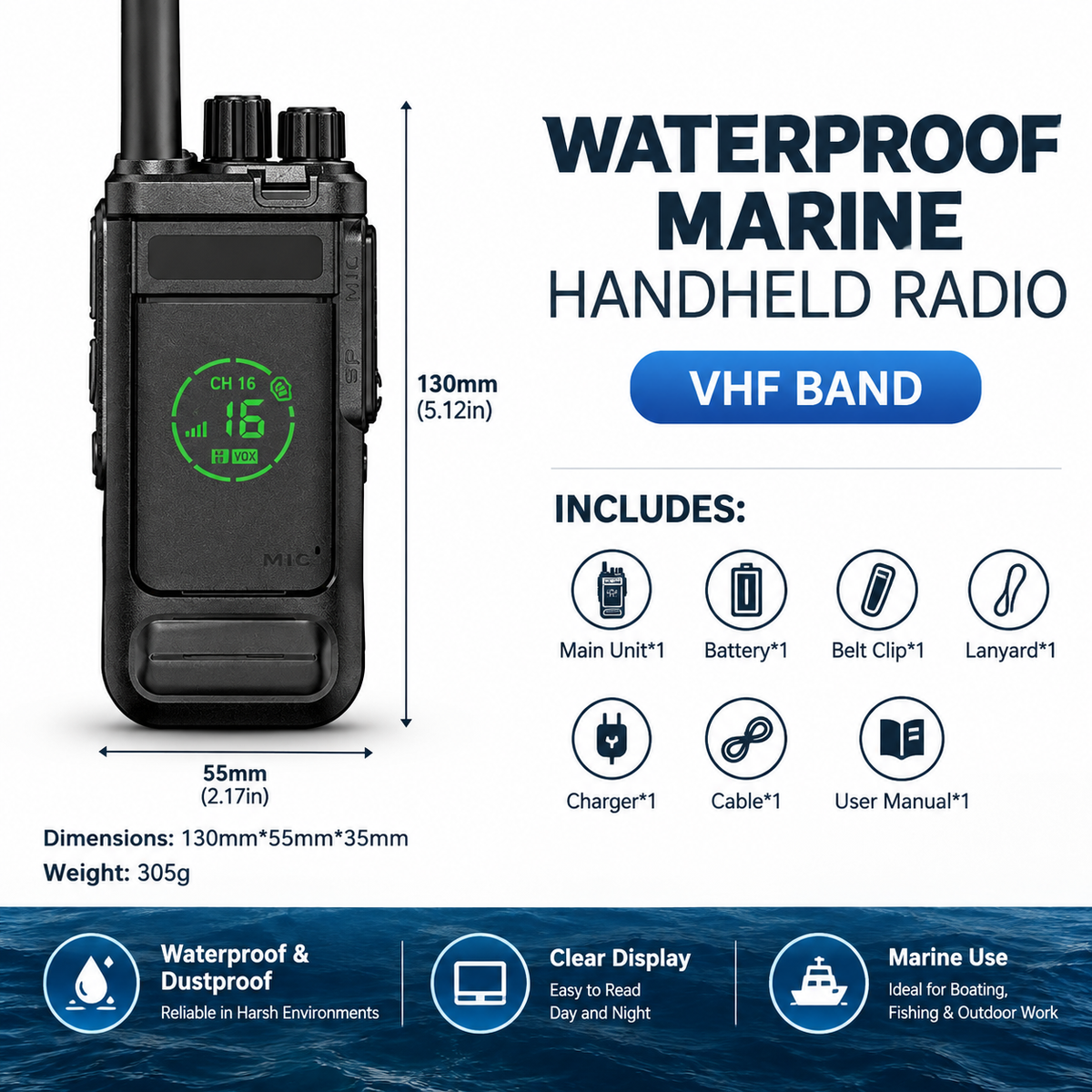 High-Power VHF Handheld Marine Radio - IP67 Waterproof, 199 Channels