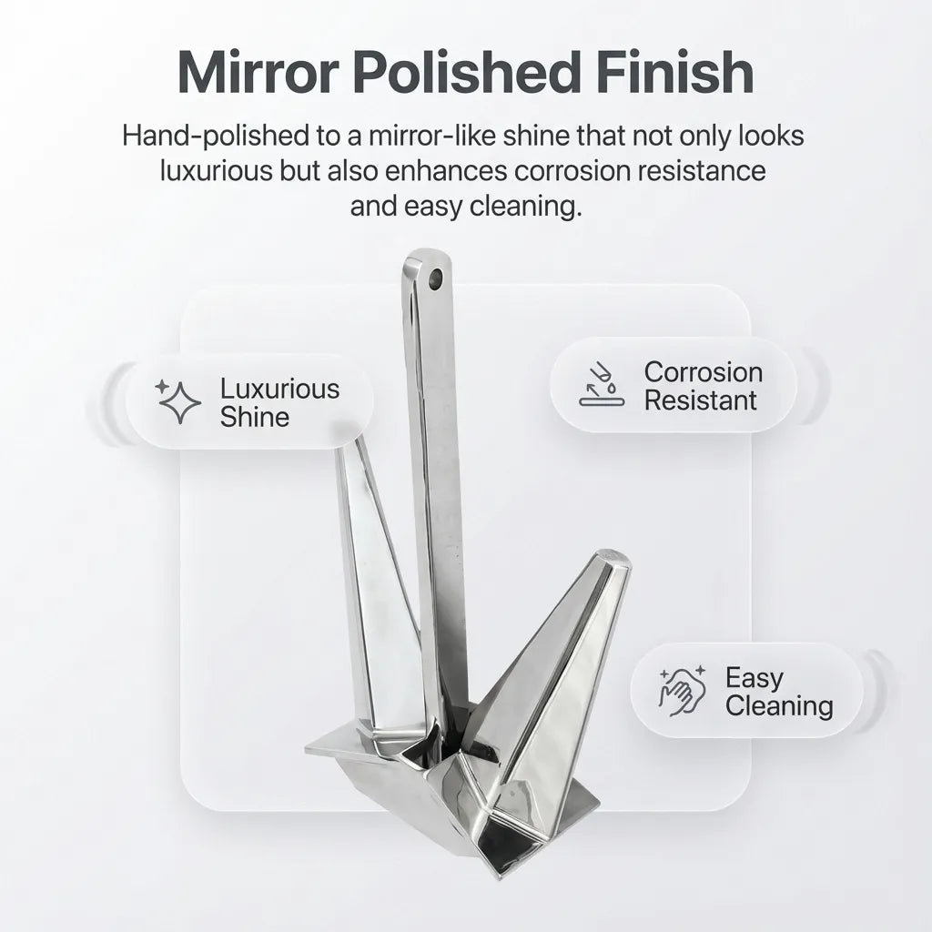 Close-up of the mirror-polished surface highlighting the hand-polished finish for enhanced corrosion resistance and luxury shine.