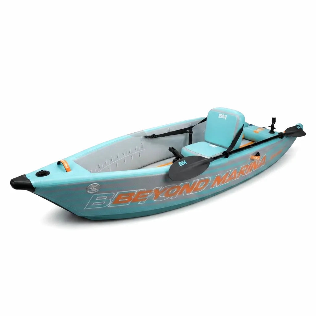 Beyond Marina 2-Person Inflatable Kayak, teal and grey high-pressure PVC construction with a paddle and adjustable seat.