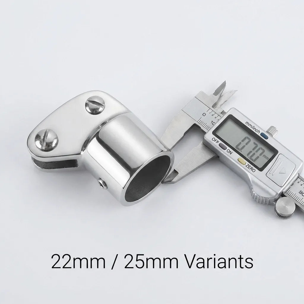 Digital caliper measuring the internal diameter of a 25mm stainless steel bimini fitting to ensure precision fit.