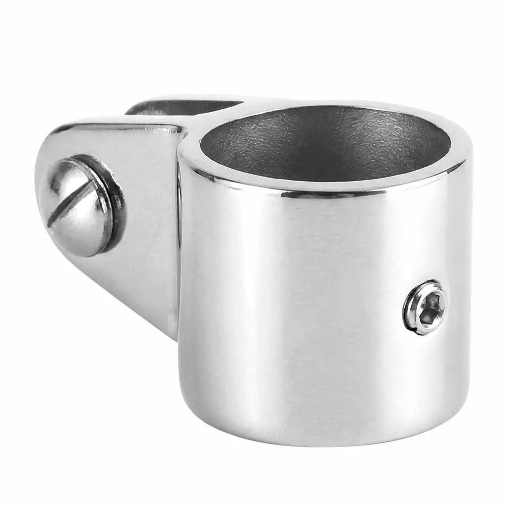 Bimini Top Jaw Slide made of mirror-polished 316 stainless steel for marine rigging on a white background.