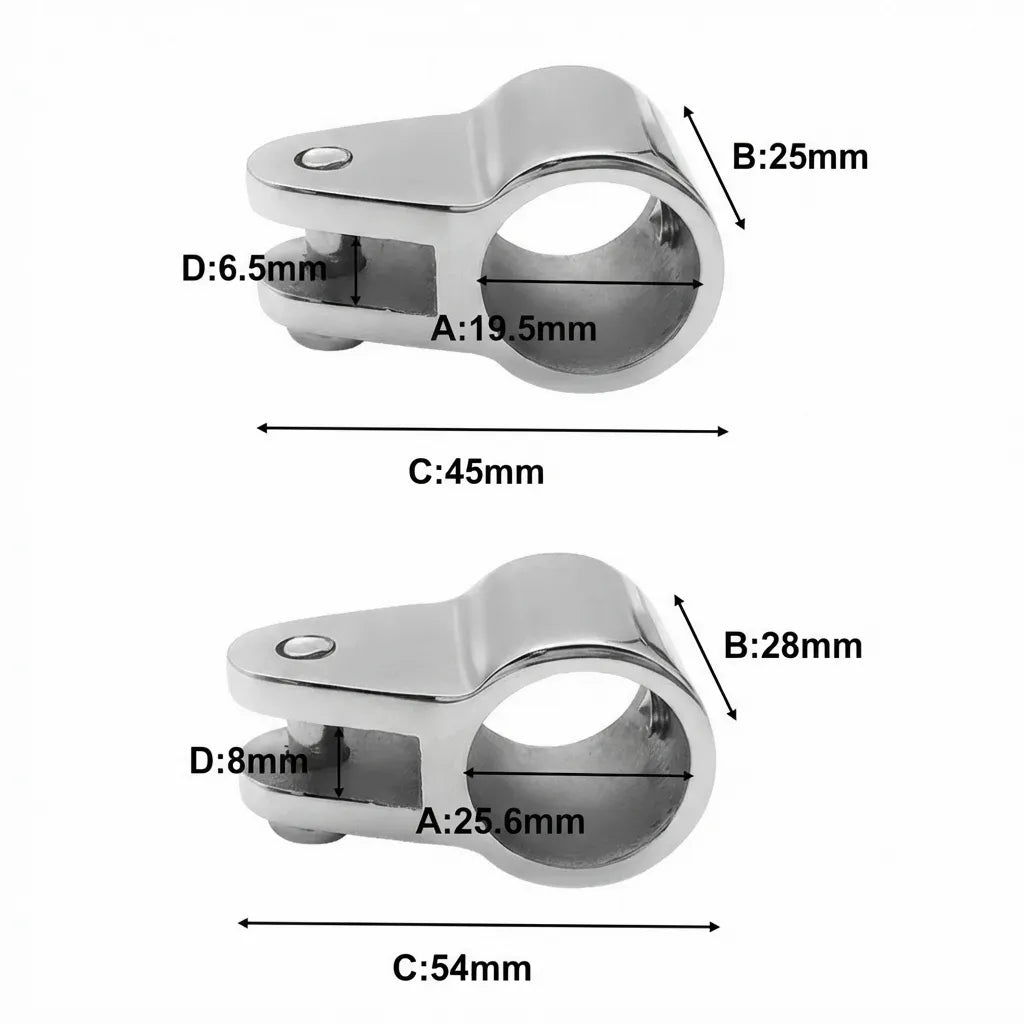 Technical diagram showing dimensions A, B, C, and D for 22mm and 25mm bimini top jaw slide variants.
