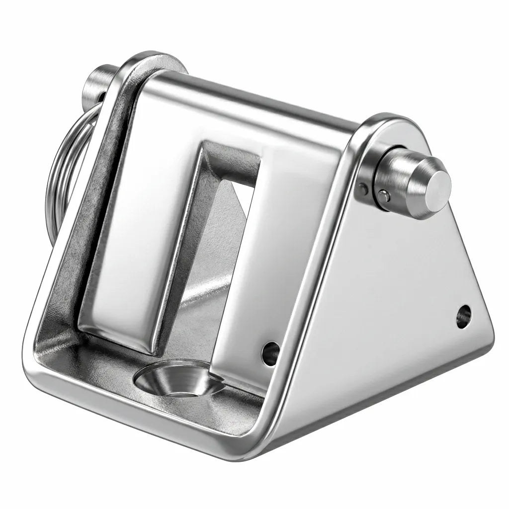 Mirror-polished 316 stainless steel boat anchor chain stopper with removable locking pawl and mounting holes.