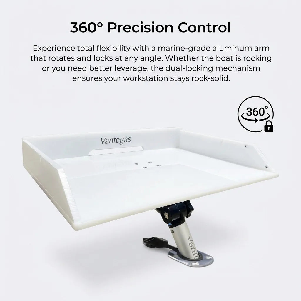 Infographic highlighting the 360-degree precision control and dual-locking mechanism of the marine-grade aluminum arm.