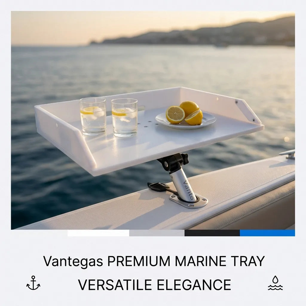 Close-up of the Vantegas fillet table mounted on a boat gunwale, featuring a fishing lure and fillet knife in a real-world marine environment.
