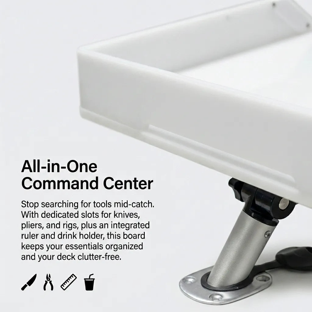 Close-up view of the integrated tool command center featuring dedicated slots for knives, pliers, rigs, and a drink holder.