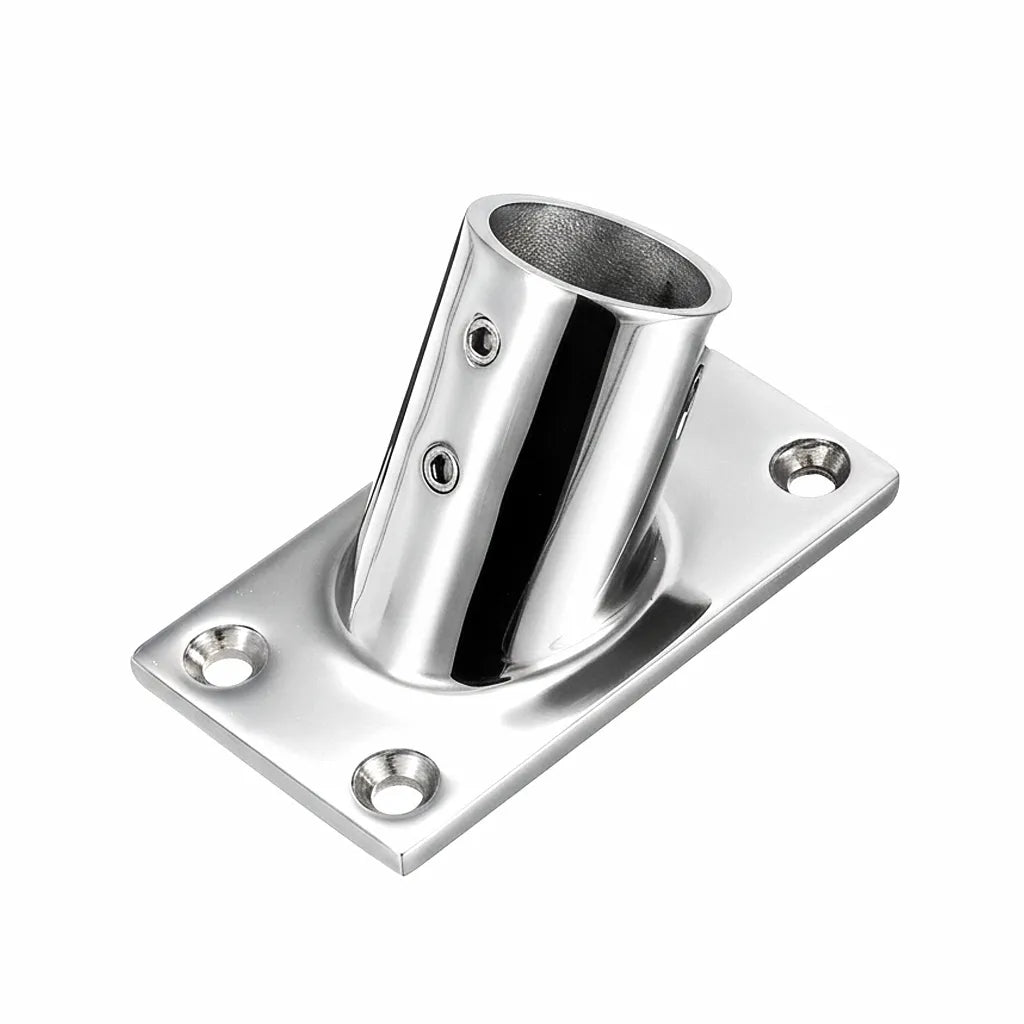 A single 316 stainless steel boat hand rail fitting with a 90-degree angle and rectangular base on a white background.