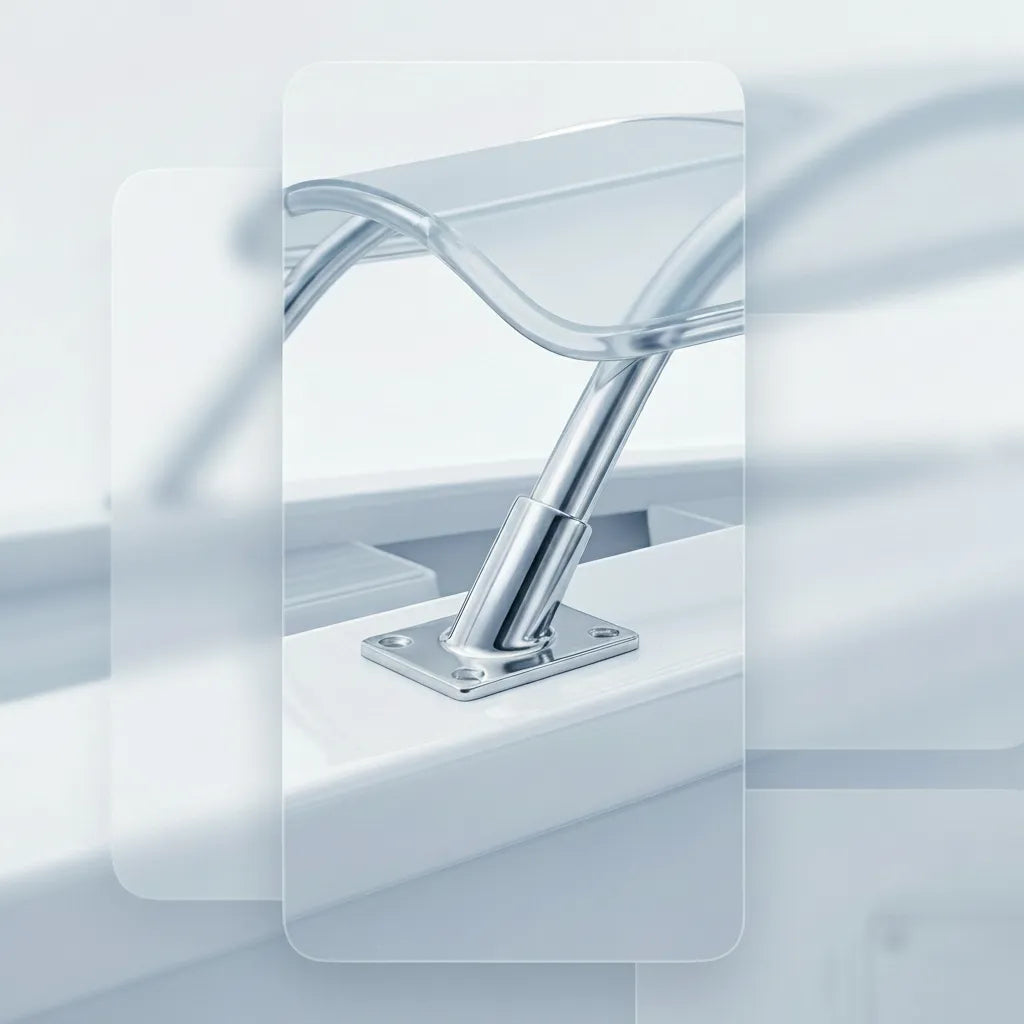 Close-up view of the stainless steel rail fitting installed on a white boat deck securing a polished metal tube.