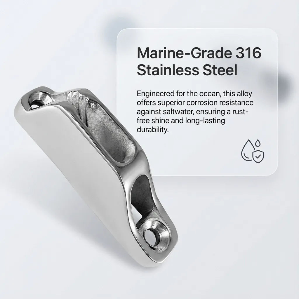 Infographic highlighting the Marine-Grade 316 Stainless Steel construction, emphasizing superior corrosion resistance and saltwater durability.