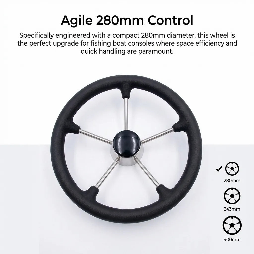 Top-down view of the 280mm compact boat steering wheel variant optimized for space-efficient fishing boat consoles.