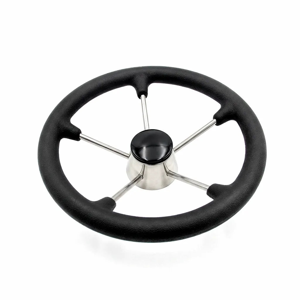 5-spoke marine grade AISI 316 stainless steel boat steering wheel with black polyurethane foam grip on a clean white background.