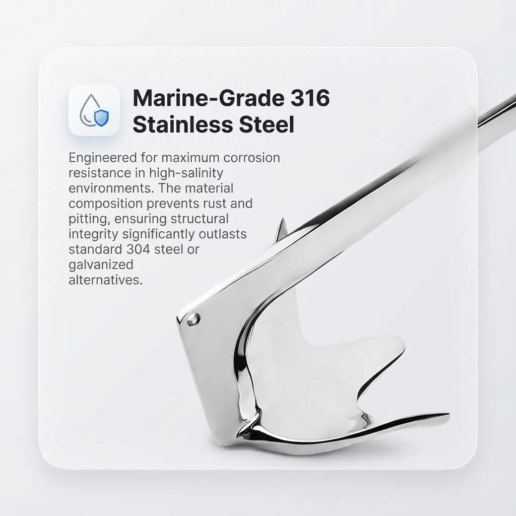 Close-up diagram highlighting the Marine-Grade 316 Stainless Steel composition, engineered for maximum corrosion resistance in high-salinity saltwater environments.