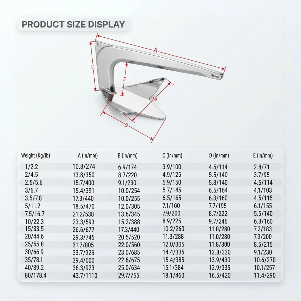 OCR Data: Comprehensive product size display table listing weights from 1kg/2.2lb to 80kg/178.4lb with corresponding A, B, C, D, and E geometric dimensions in inches and millimeters.