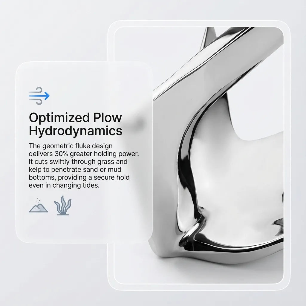Technical detail of the anchor fluke illustrating optimized plow hydrodynamics for 30% greater holding power in grass, sand, and mud bottoms.