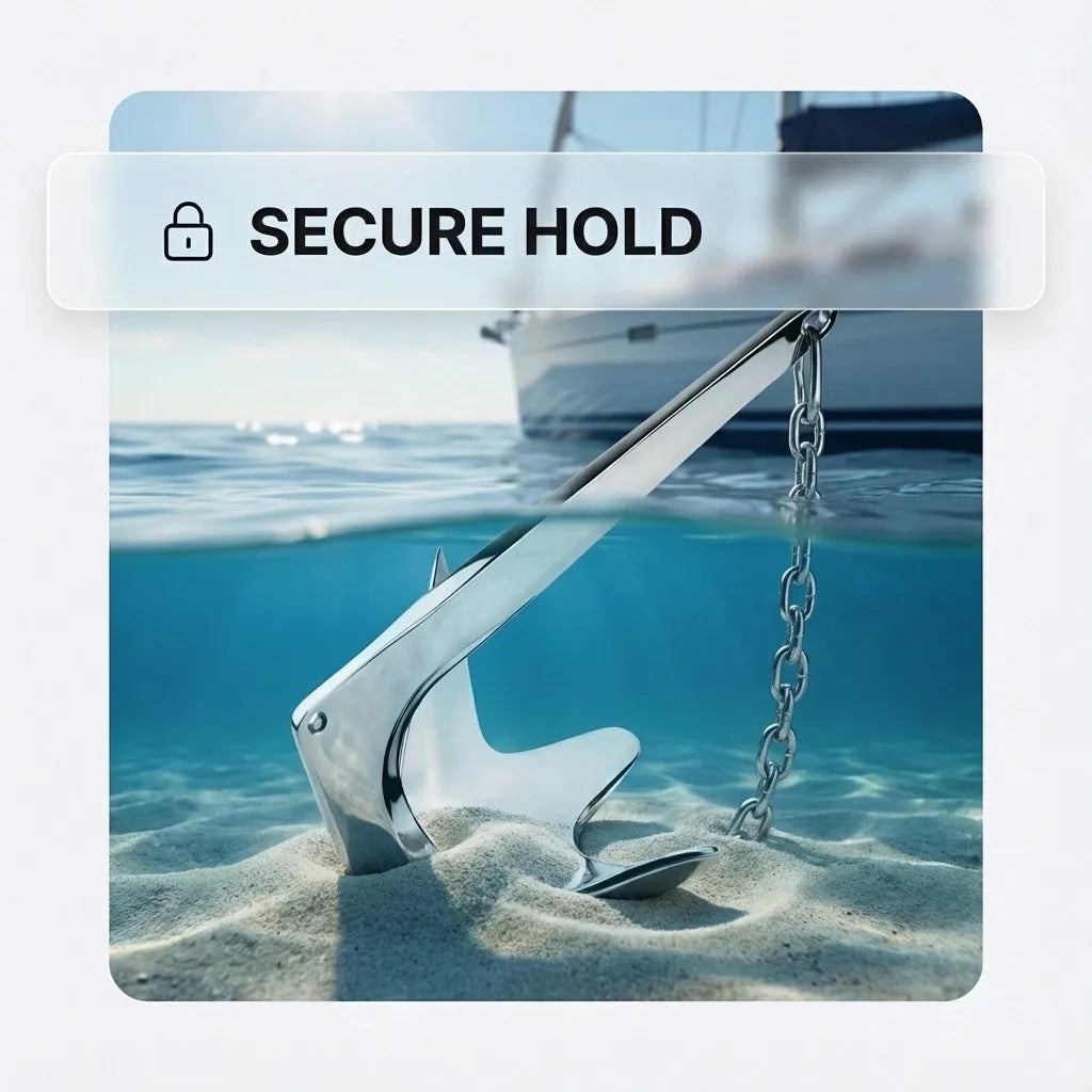 A Bruce-style stainless steel anchor deeply embedded in a sandy seabed underwater, connected to a marine-grade chain with a yacht visible in the background.